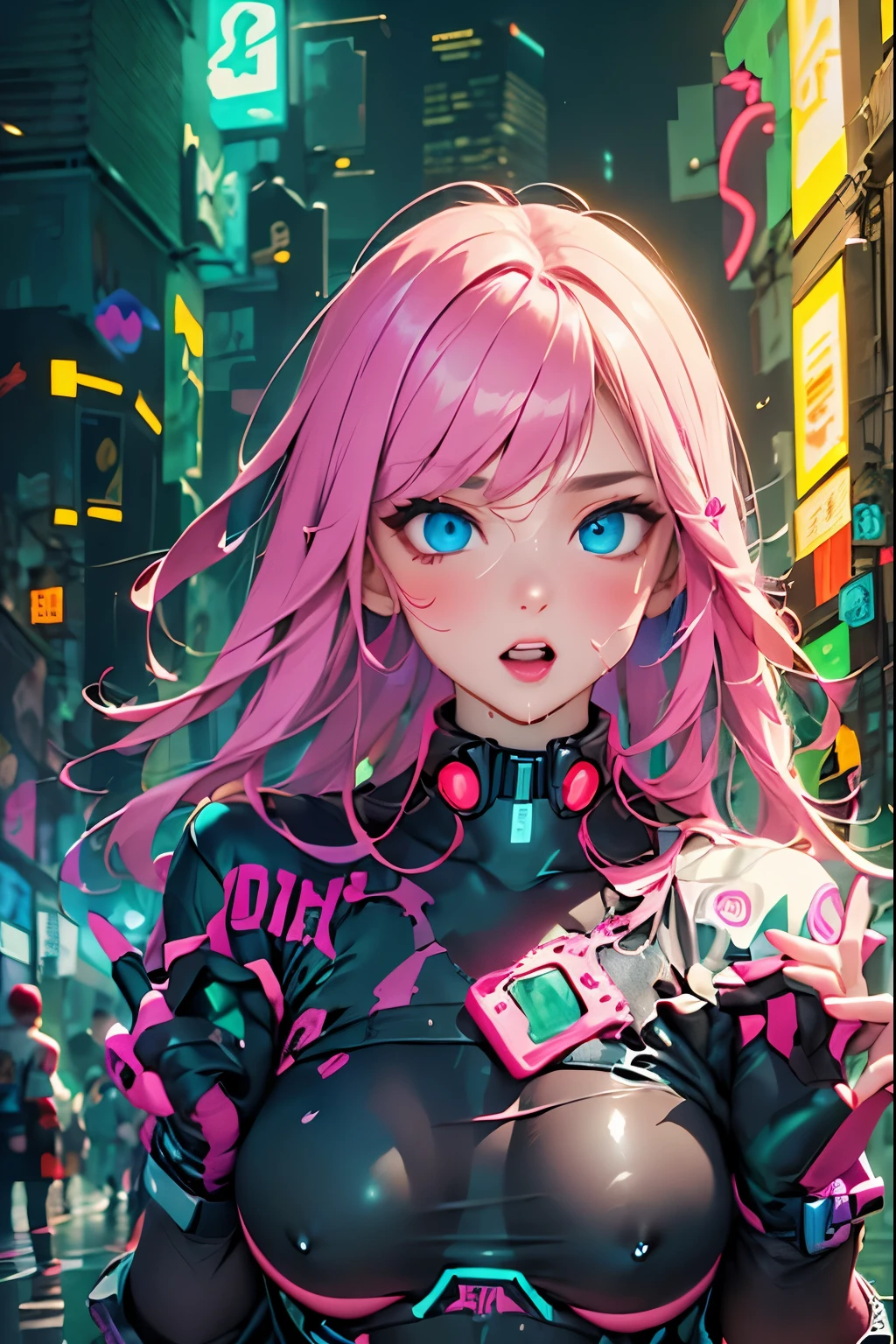 (masterpiece, Best Quality, High resolution, Fondo de pantalla de unidad de 32K, Extremely detailed CG:1), (weak illustration on stage:1.0), ((1 young and beautiful and sensual cyberpunk woman:1.5 pose sensual:1.7 )),(( cyberpunk night city:1.4)), neon signs futuristic cars,dark place rain, ((wet clothes magenta neon lights perfectly illuminating the young man:1.45) . 32K