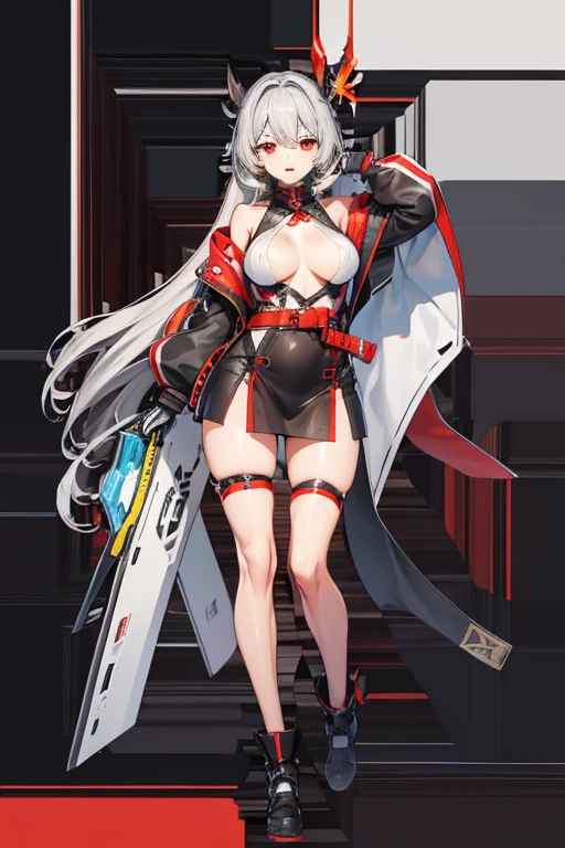 High resolution, detail, 高いdetail, Shortcuts, Gray Hair, Grey Hair, Silver Hair, Exposed breasts、Open your mouth, Red eyes, accessories, Illustration, Anime Style, girl、Body、