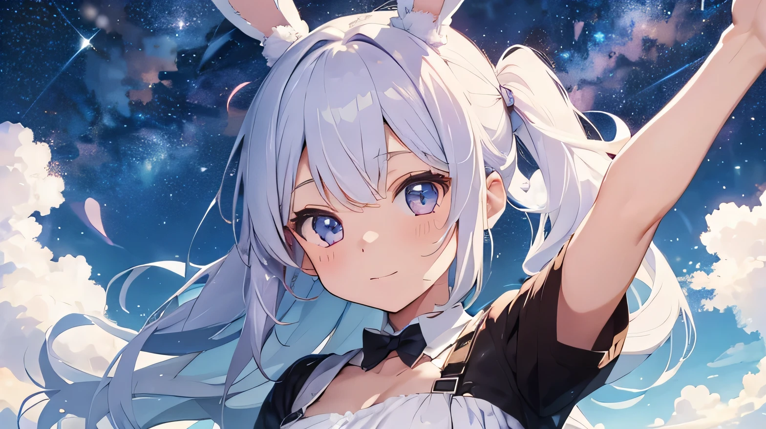 Highest quality, pretty girl, pastel colour, Fluffy bunny ears,Fantastic starry sky