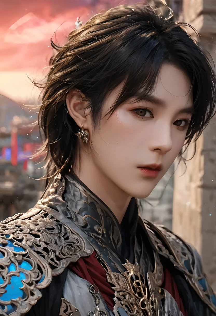 intricately detailed masterpiece in 32k, UHD, scene contains a 25 year old anime manga male vampire with pale skin, piercings, visibly tattooed with floral designs, fangs, holding a 20-year-old male knight appearing to bite into his neck, giving an impression of a dark fantasy atmosphere, beautiful and gorgeous adorned in glowing rune-covered silver/red demonpunk armor, reflective mirror surface, with shining three-dimensional effect, long dark hair billowing in the wind, ultramarine eyes, well-shaped lips, commanding a tight embrace, capturing the aesthetic of masculine form ,ultra detailed fairy elven city in the background, RPG gaming, bright neon celestial eyes, bright glowing bioluminescent, dark fantasy, intricate details, super mirror reflection, masterpiece, 32k,