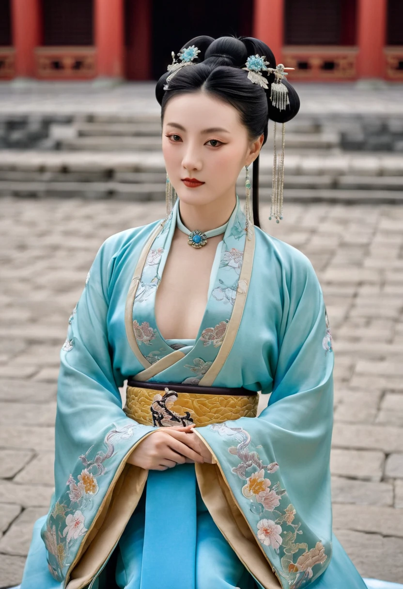 A Qing dynasty empress seen from the front, topless with her waistband open with both hands, on the stone paving outside the Chinese palace of the Qing dynasty. The Qing dynasty hair was tied with both ponytails, a gorgeous Chinese empress&#39;s crown was attached, and her hair was tied up and pulled up.、