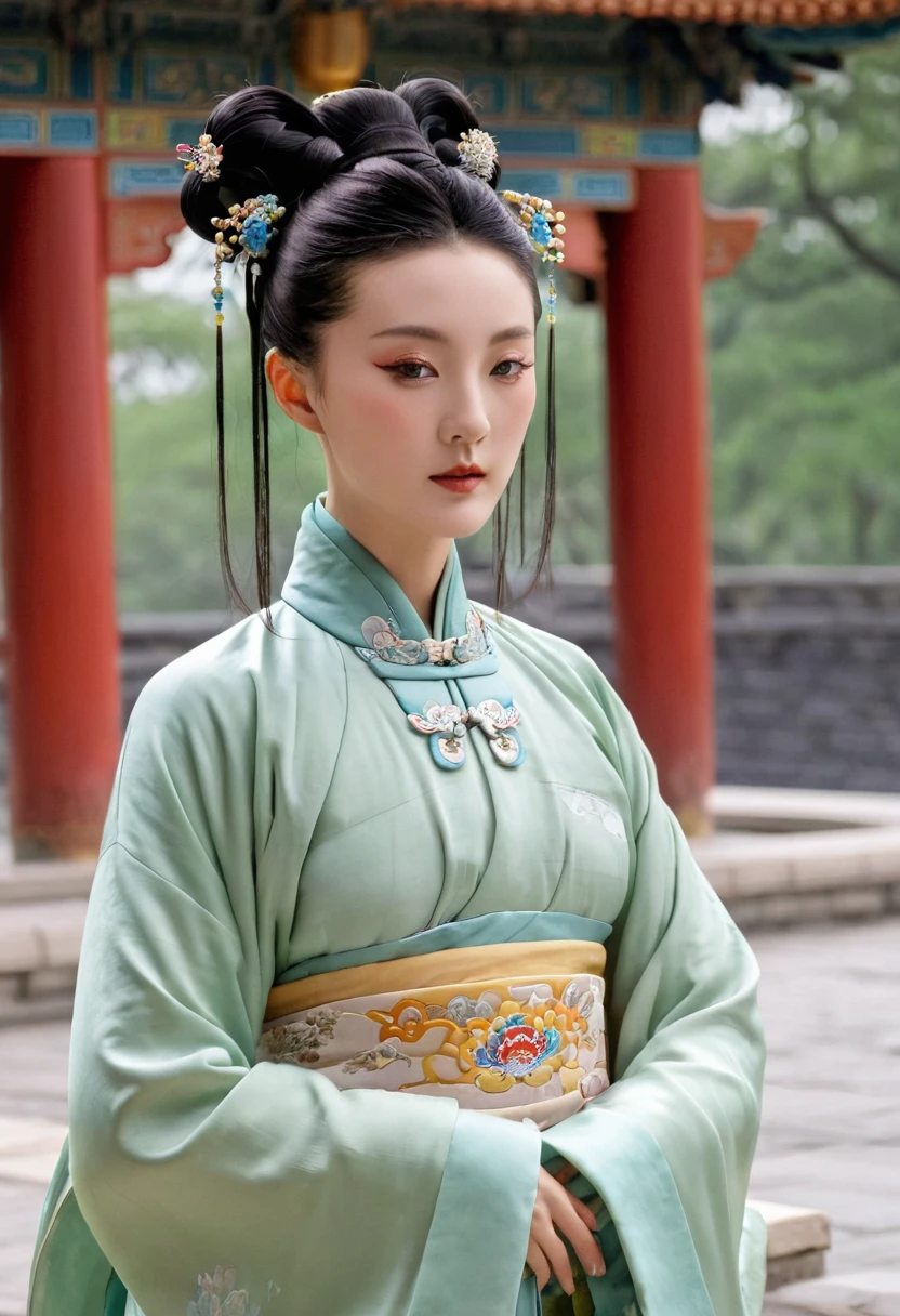 A Qing dynasty empress seen from the front, topless with her waistband open with both hands, on the stone paving outside the Chinese palace of the Qing dynasty. The Qing dynasty hair was tied with both ponytails, a gorgeous Chinese empress's crown was attached, and her hair was tied up and pulled up.、