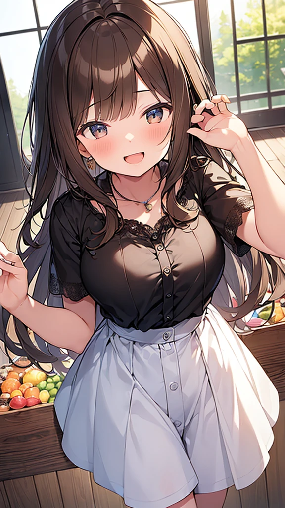 (Masterpiece, Top quality: 1.5), (1 girl, solo), large breasts, standard weight, (brown hair:1.3), (airy hair, wavy hair), long hair ,asymmetry bangs, swept bangs, 15 year old, smile:1.1, happy:1.1, flustered:1.3, casual fashion with many gorgeous and colorful decorations, Various Situations:1.2, (dynamic angle:1.3), (Various pose:1.3), magnificent panorama view, open mouth, summer:1.2,  __items__ __items__ __items__, 