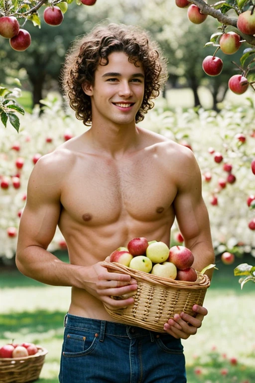 Young handsome cute white skinny beautiful face shirtless curly hair in an apple garden holding a basket and eating an apple