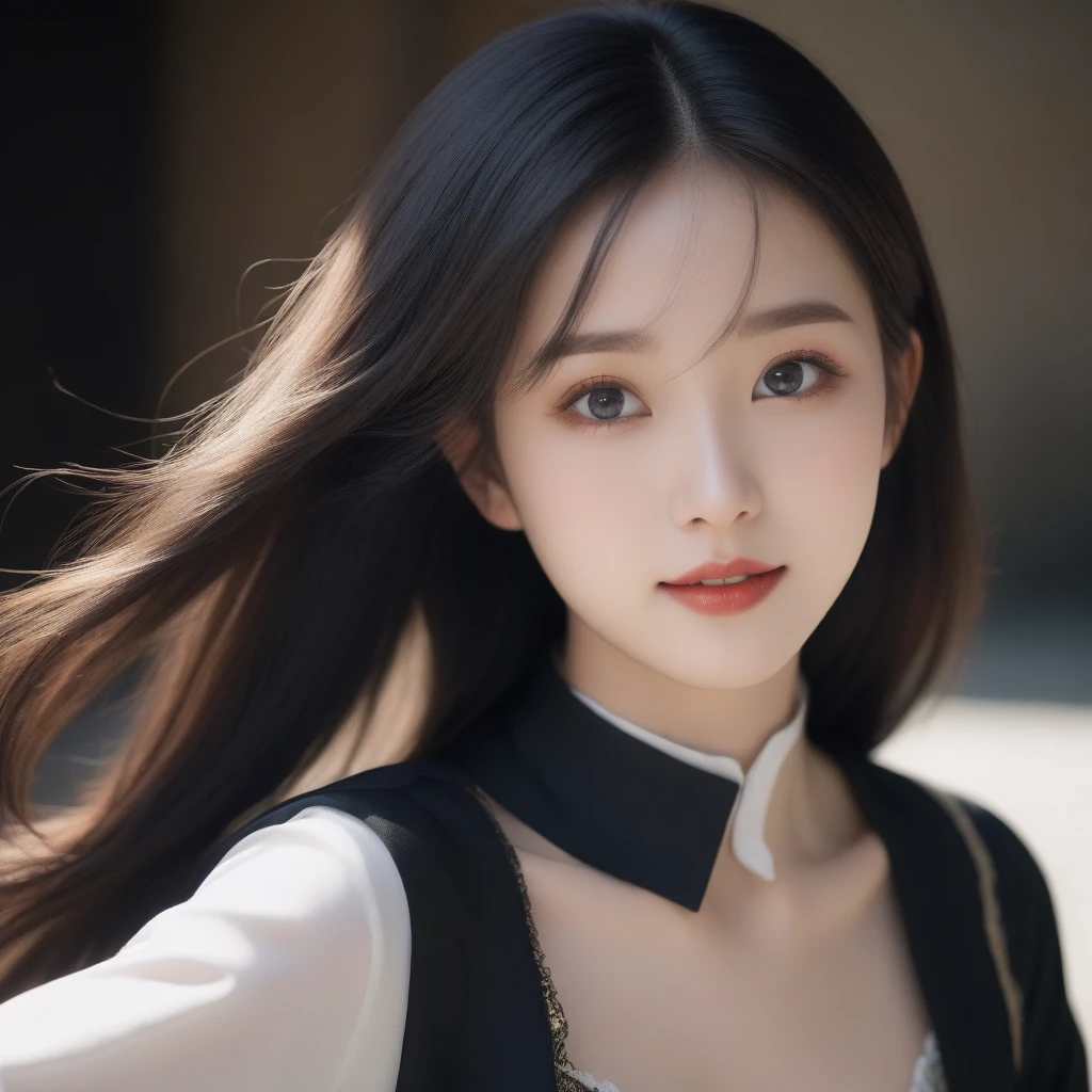 8K, Ultra-high resolution, best quality, masterpiece, Surrealism, photo, 1 girl, (:1.3), pretty girl, Cute face, Beautiful eyes in every detail, 細かくdetailedに,masterpiece,, A girl:1.2, Japanese female announcer,Medieval Europe,castle,Princess,Clear,noble,grace,Born in good,Black silk dress,Long and straight hair,Pencil Skirt、Black high heels、Black high heels、Ultra-thin face,beauty眼睛,Double eyelids,A bold gesture,Looking at the audience、beauty,Long Neck、Smile、Please close your mouth and smile、(((Ideal body shape))),A cup small breasts :2,whole body、Perfect anatomical structure、鮮明なdetailed、detailed、Surrealism、Light and Shadow,glare