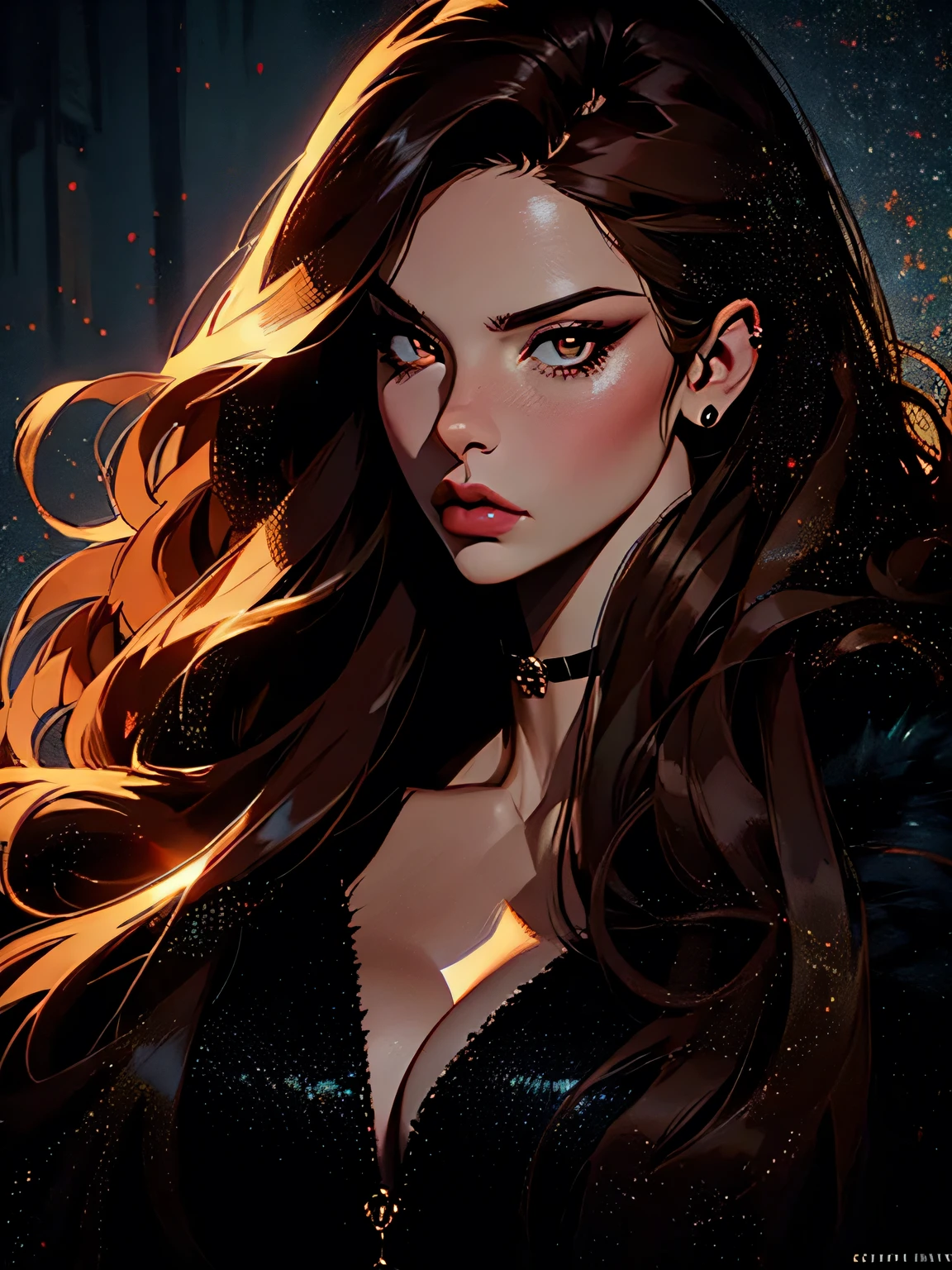 { - anatomy error}, hyper-realistic of a mysterious woman with flowing dark and long hair, piercing golden eyes, upper body, snown background, fur coat, ((dark hair))