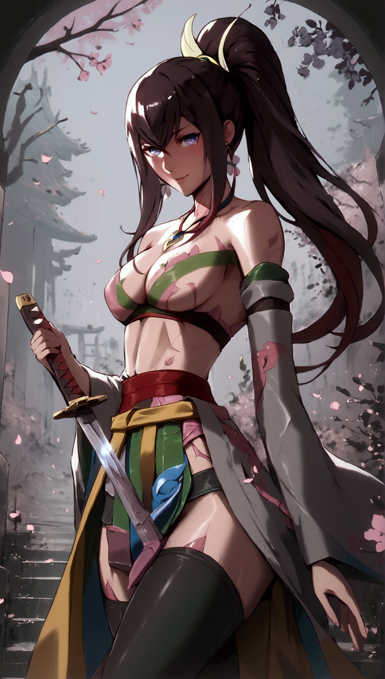 score_9, score_8_up, score_7_up, score_6_up, makise kurisu, red hair, long hair, dark-blue eyes, black pupils, BREAK (masterpiece:1.2), best quality, high resolution, (beautiful detailed eyes:1.3), perfect lighting, (perfect hands, perfect anatomy), 1girl, breasts, japanese clothes, large breasts, solo, weapon, sword, kimono, magatama, katana, sash, jewelry, thighhighs, cleavage, smile, obi, thighs, earrings, rope belt, ponytail, magatama necklace, wide sleeves, looking at viewer, white kimono, open mouth, necklace, detached sleeves, grey kimono, cherry blossoms, black thighhighs, holding weapon, holding, holding sword, long sleeves, bare shoulders, dragon print, weapon over shoulder