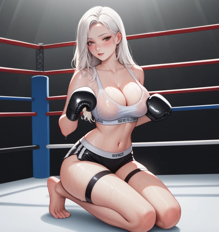 korean beautifull girl，18 years old,Pretty Face，Good shape，detailed picture, Seductive expression， blush，White long hair, Wear white sports bras，Soaked，Wear black garter stockings，barefoot, Wearing black boxing gloves，Black sleeves on arms, Kneeling on the boxing ring and doing sexy moves，Large Breasts,Cleavage,Long legs，Thin waist，nipple，