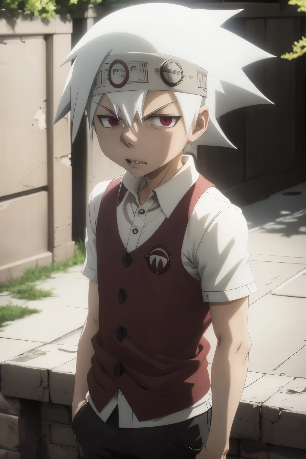 masterpiece, best quality, movie still, 1boy, solo, male focus, looking at viewer, , depth of field, anime coloring, , soul_eater_evans, white hair, red eyes, spiked hair, sharp teeth, headband, , ,