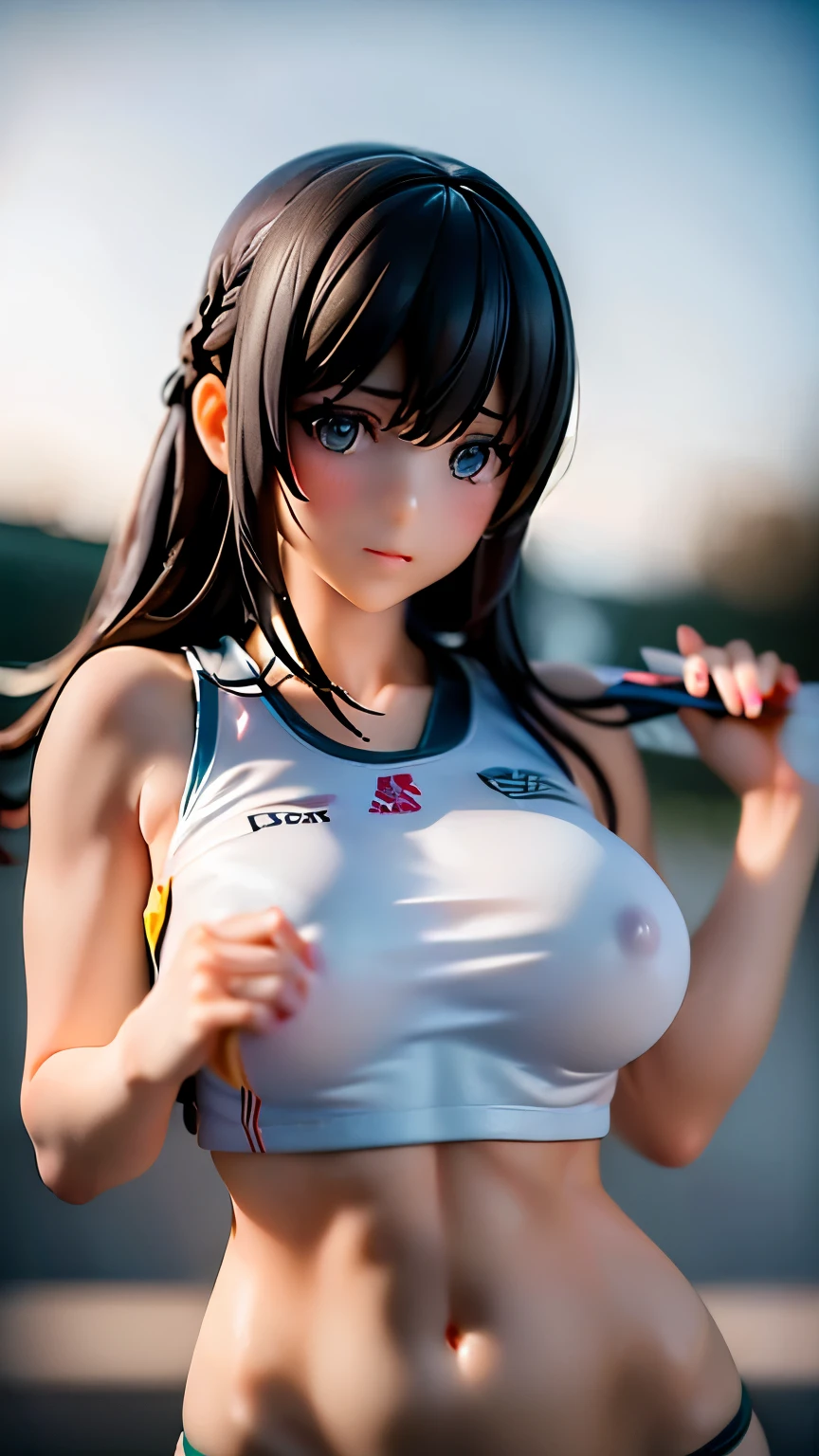 Highest quality, masterpiece, Ultra-high resolution, (Realistic:1.4), RAW Photos, 1 girl, , Japanese track and field athletes, Rear View, On the track at the athletics stadium, ((Wearing an athletics uniform, Upward hips, Very cute face, Black short hair)), ((Upper and lower integrated type:1.2))、((The upper body is an athletics uniform that hides the nipples...、Cute underwear that makes only your lower body look sexy、Lace sexy panties、You can see her beautiful pubic hair sticking out...:1.5)、Short torso, Beautifully detailed body, Beautiful legs with attention to detail、Browsing Caution、((Sit down and stretch:1.4))