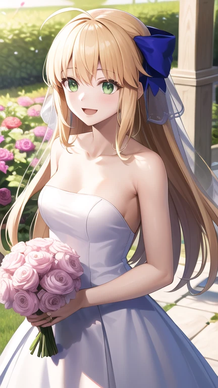 masterpiece, best quality, highres, bbcaster, long hair, ahoge, hair bow, green eyes, wedding dress, white dress, strapless, garden, smile, open mouth, confetti, holding bouquet, standing, cowboy shot,