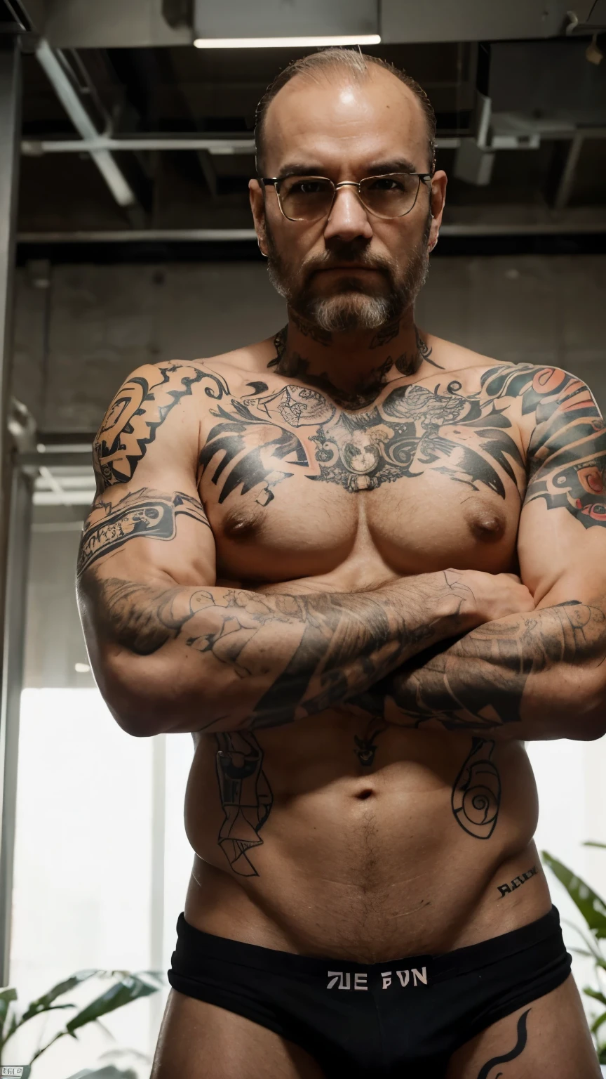 there is a man with a tattoo on his chest and a tattoo on his chest, shirtless biden with tatoos, inspired by Edi Rama, with a squid tattoo on his arms, arms covered in gang tattoo, 45 years old men, posing with crossed arms, inspired by Antônio Parreiras, 4 5 yo, arms crossed on chest