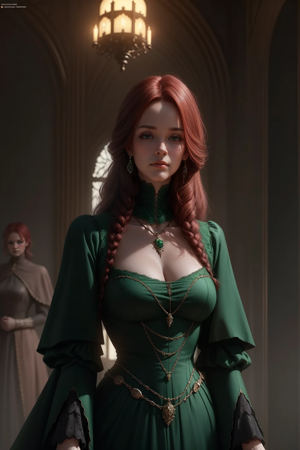 {-erro_de_anatomia:1.0} woman 40 years old, victorian era, queen clothes, (green dress), dark castle, a woman (alicent hightower), meddium dark red hair (dark red hair), (brown eyes) . Indifferent look , merciless. among the dragons, dinamic poses, egoist smile, upper body,

