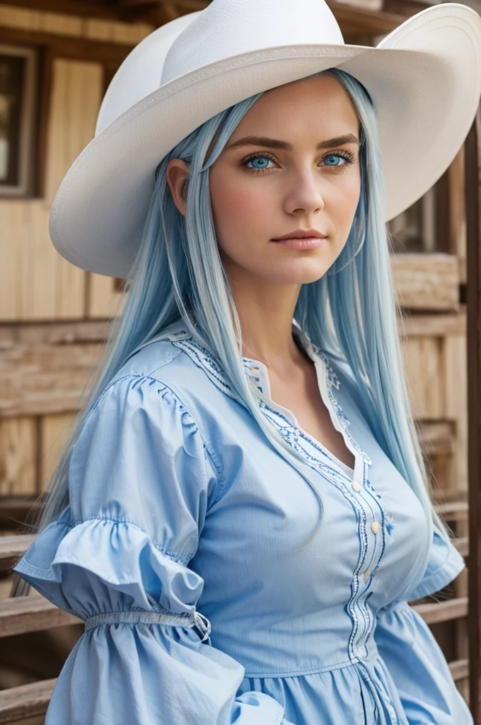 female with blue eyes and white hair wearing a blue shirt with puffy sleeves and a cowboy hat.american western girl
