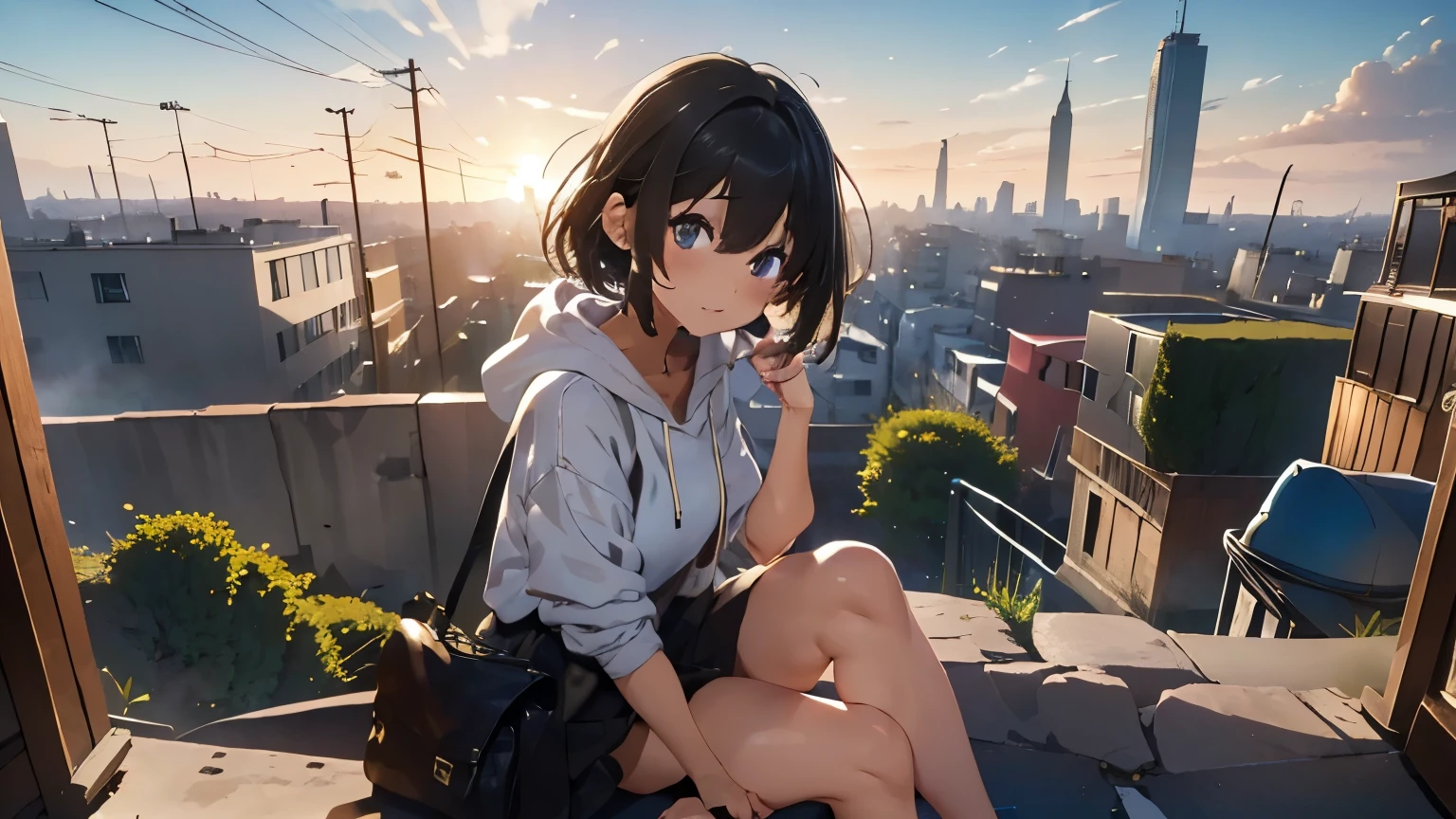 (Excellent: 1.2), (Highest Quality: 1.2), (Ultra Detailed: 1.2), (Girl sitting on ledge overlooking city, watching sunset, short white hair, hoodie, hip hop), (Skyscrapers, post-apocalyptic, anime style cityscape), (32K aesthetics, Beautiful art UHD 4K, Beautiful artwork illustration, Beautiful digital painting, Highly detailed digital painting, Beautiful digital artwork, Detailed painting 4K, Highly detailed digital painting, Rich painterly colors, Gorgeous digital painting)