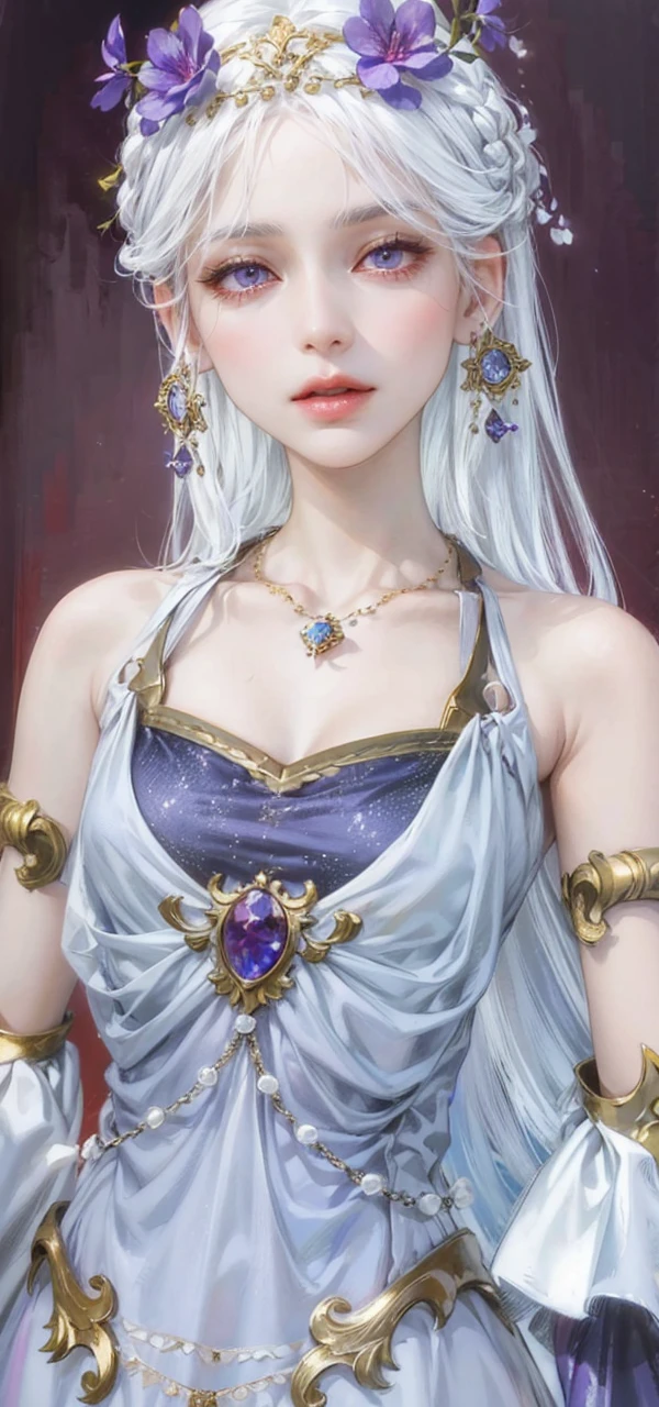 (masterpiece, top quality, best quality, official art, enchanting and aesthetic:1.2), 1female, white silver hair, royal braided hair, violet eyes, white and red dress, red and gold jewelry, high quality details, 4k eyes, white hair, silver white hair, long hair