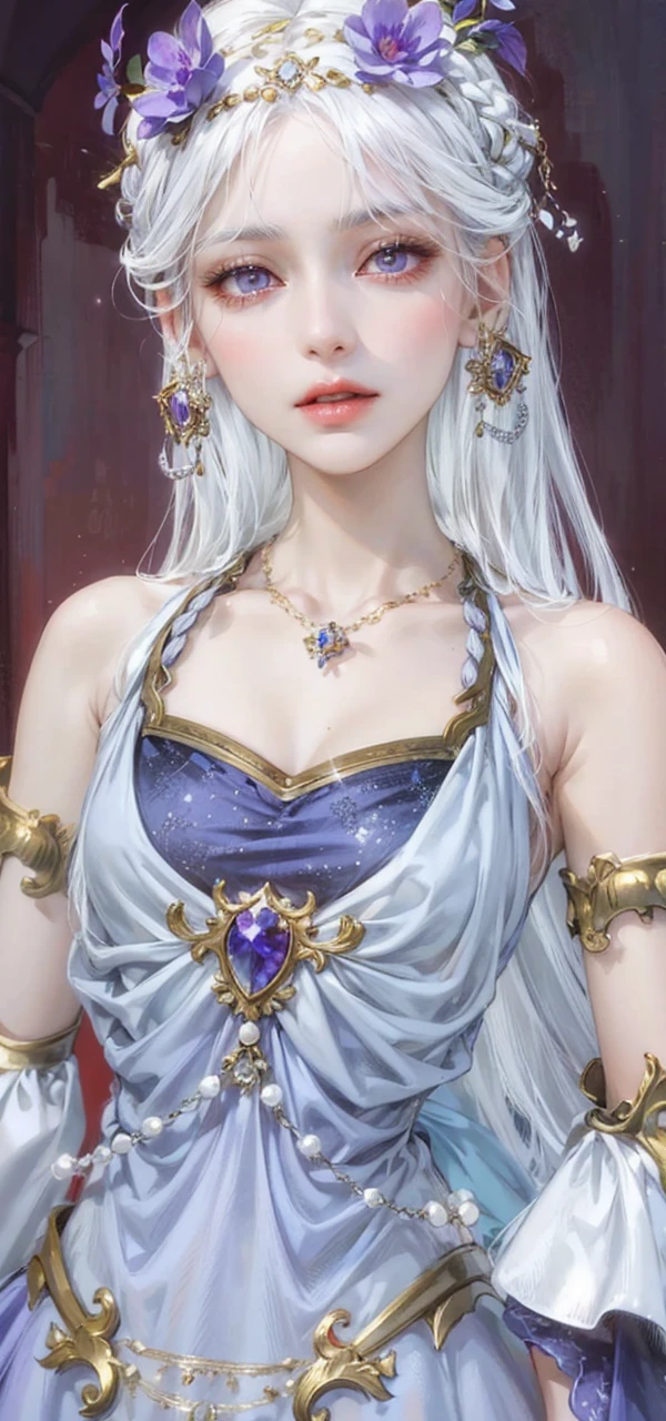 (masterpiece, top quality, best quality, official art, enchanting and aesthetic:1.2), 1female, white silver hair, royal braided hair, violet eyes, white and red dress, red and gold jewelry, high quality details, 4k eyes, white hair, silver white hair, long hair