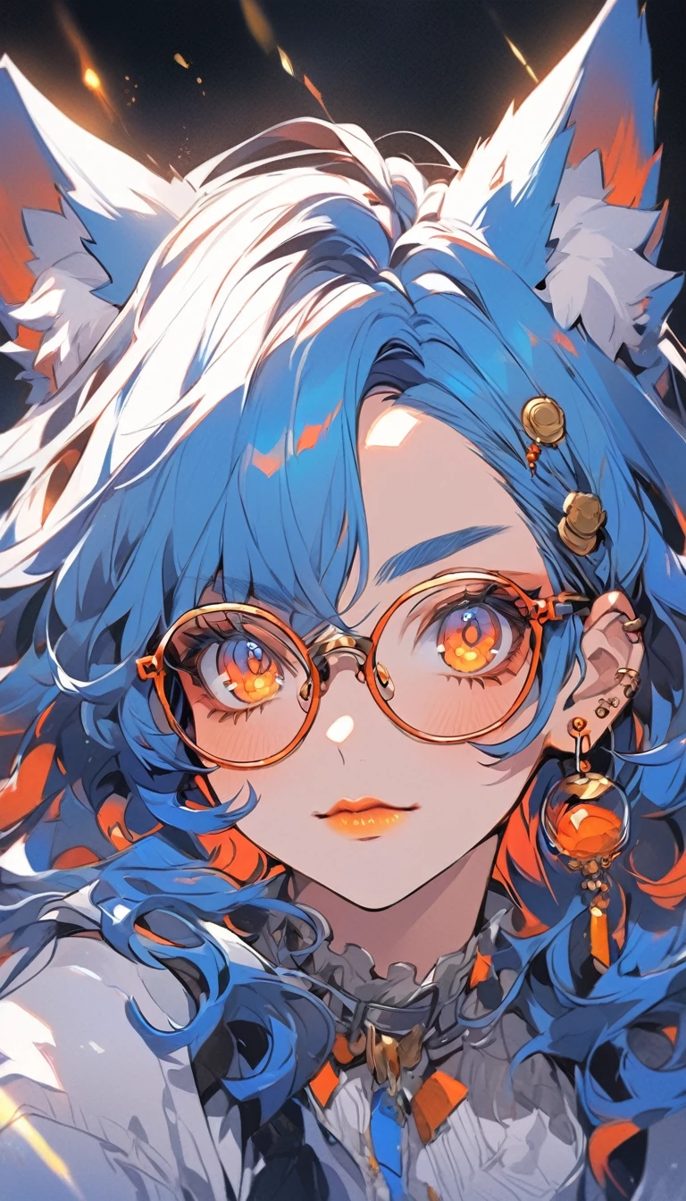 fanart style, makes a woman with bright red and blue hair and bright orange eyes wolf ear with earring and nose ring in the eyebrow and lip a bright blue jacket and glasses with the bottom shining