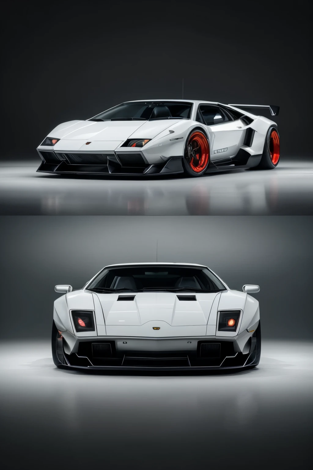 1. In the first frame, we find a captivating fusion of the iconic White Lamborghini Countach and a menacing shark robotic design, showcased in a stunning front view. The Countach's classic lines are seamlessly merged with the sharp, angular features of a shark, resulting in an imposing yet elegant front grille. The headlights glow with a futuristic intensity, while the shark's gills subtly peek out from either side. The car's hood is adorned with a gleaming shark's tooth, adding a touch of ferocity to this extraordinary vehicle.
2. Moving to the side view, the fusion