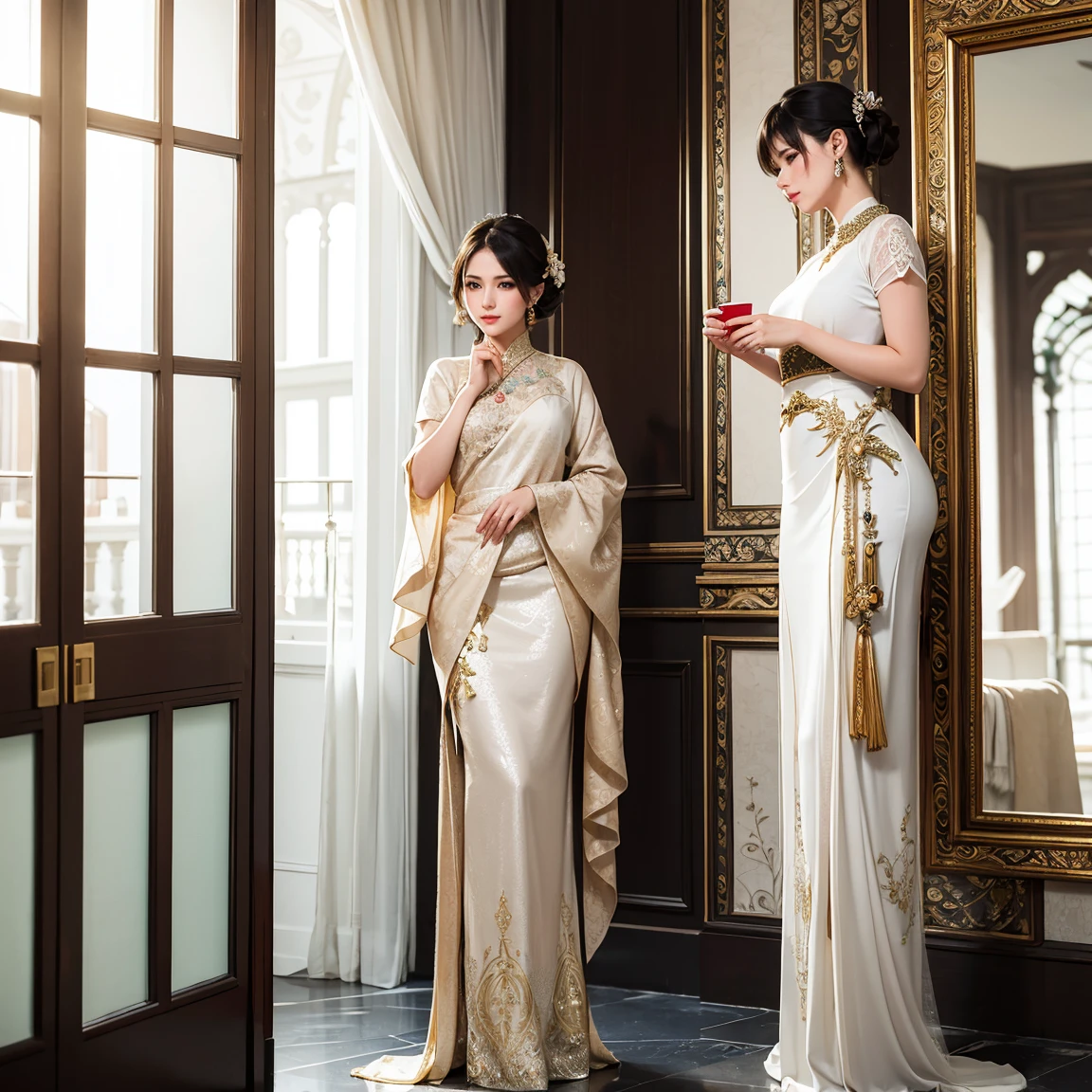 (masterpiece, best quality), ultra detailed, high resolution, 16k, the most beautiful face in the world, perfect face, delicate facial features, highly detailed beautiful face and eyes, shiny skin, highly detailed background, elaborately designed, fine cloth texture, perfect anatomy, BREAK, (gorgeous and stunning lady in salon kebaya:1.3), perfect make-up, deeply in love, full of elegance, solo, (full body:1.5), Marina Bay Sands