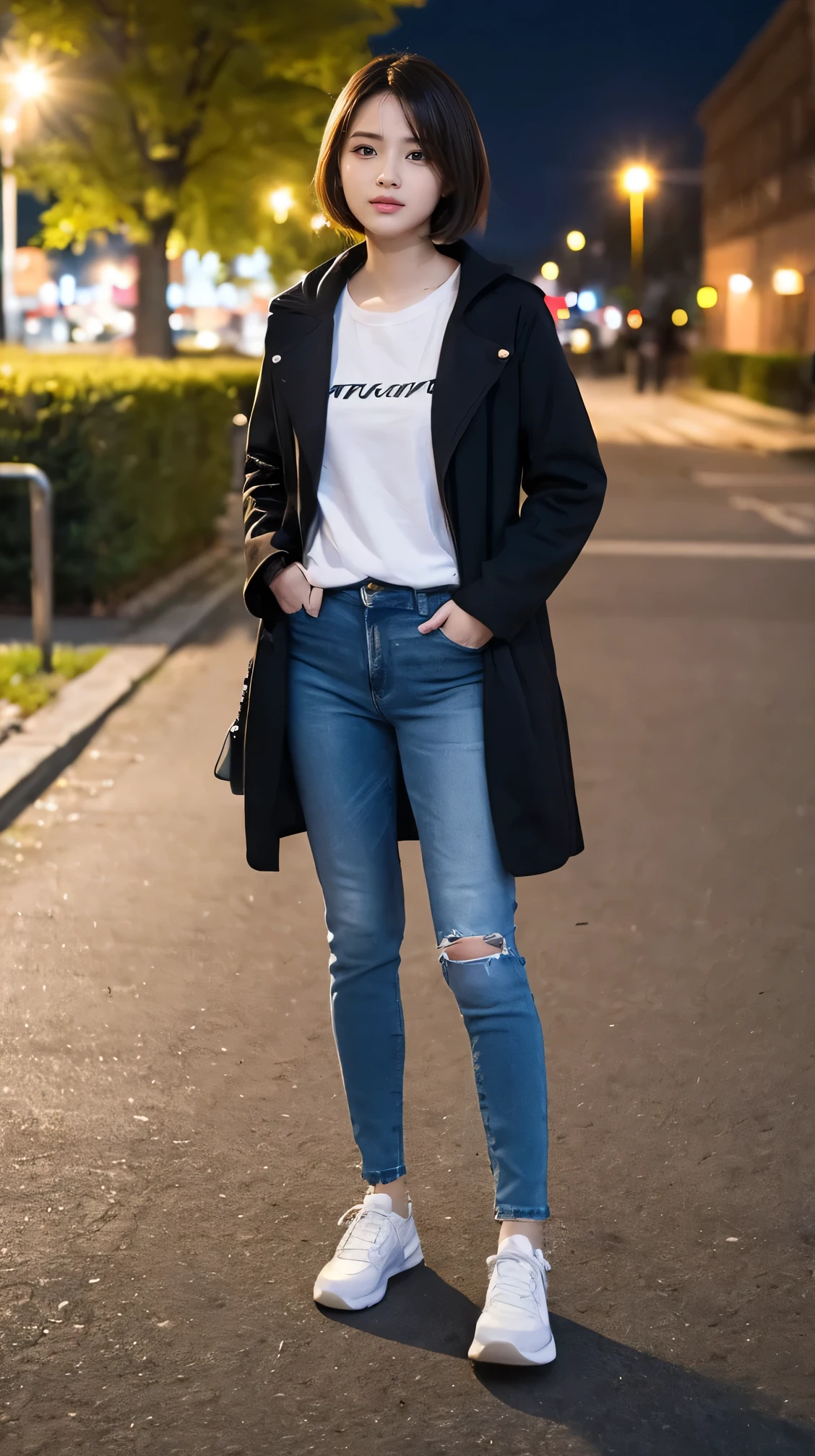 high quality,16K:1.1),(Depth of written boundary:1.3) ,Full body photo、Standing woman、smile、Short Haircut、Wearing a coat、shirt、Skinny jeans、sneakers、View your viewers:1.3),(Full Body Shot:1.2),Background is a park at night