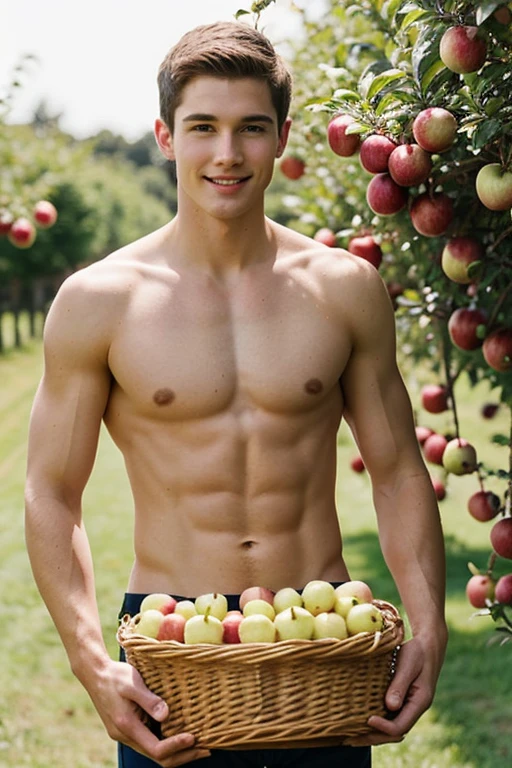 Young handsome cute white white skin soft skinny beautiful face shirtless short hair curler in an apple garden holding a basket and eating an apple
