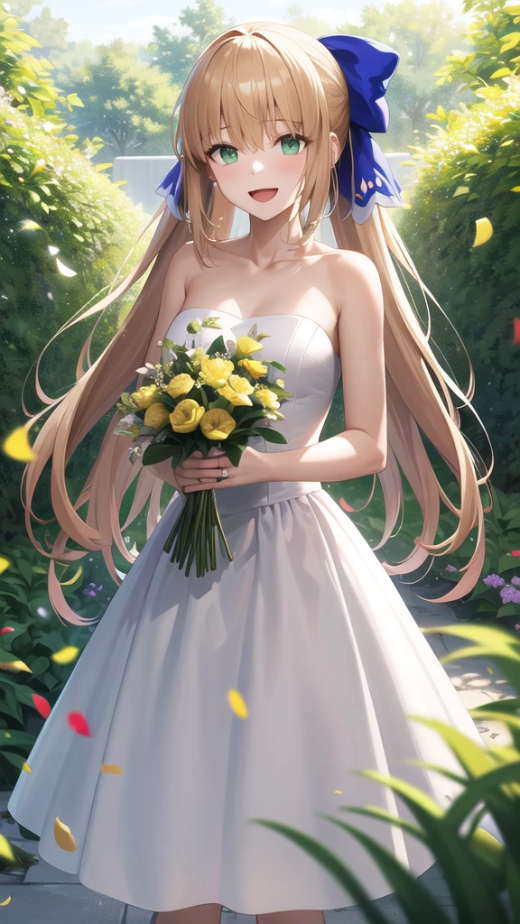 masterpiece, best quality, highres, bbcaster, long hair, ahoge, hair bow, green eyes, wedding dress, white dress, strapless, garden, smile, open mouth, confetti, holding bouquet, standing, cowboy shot,