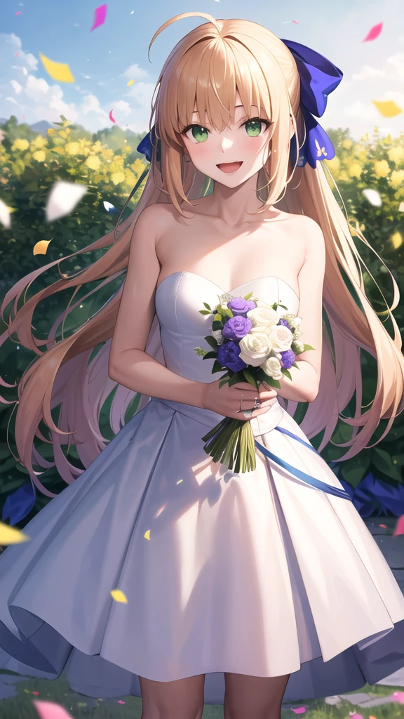 masterpiece, best quality, highres, bbcaster, long hair, ahoge, hair bow, green eyes, wedding dress, white dress, strapless, garden, smile, open mouth, confetti, holding bouquet, standing, cowboy shot,