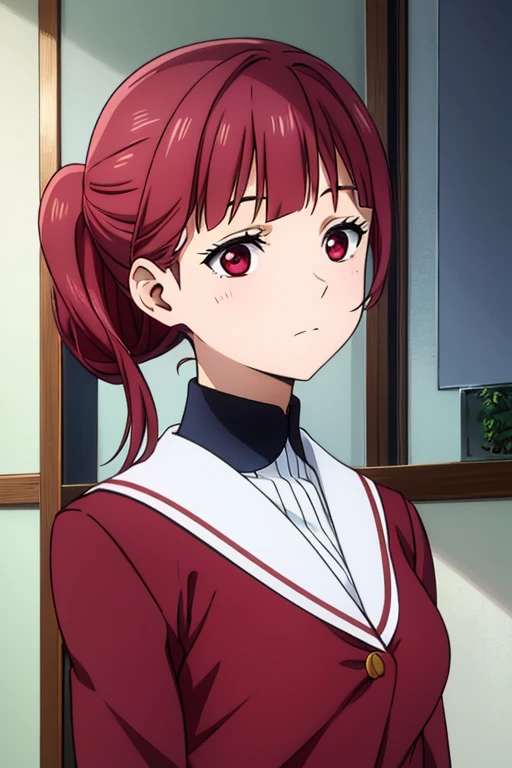 Burgundy hair tied to the side,side-swept bangs, red eyes, sky blue sailor uniform dress