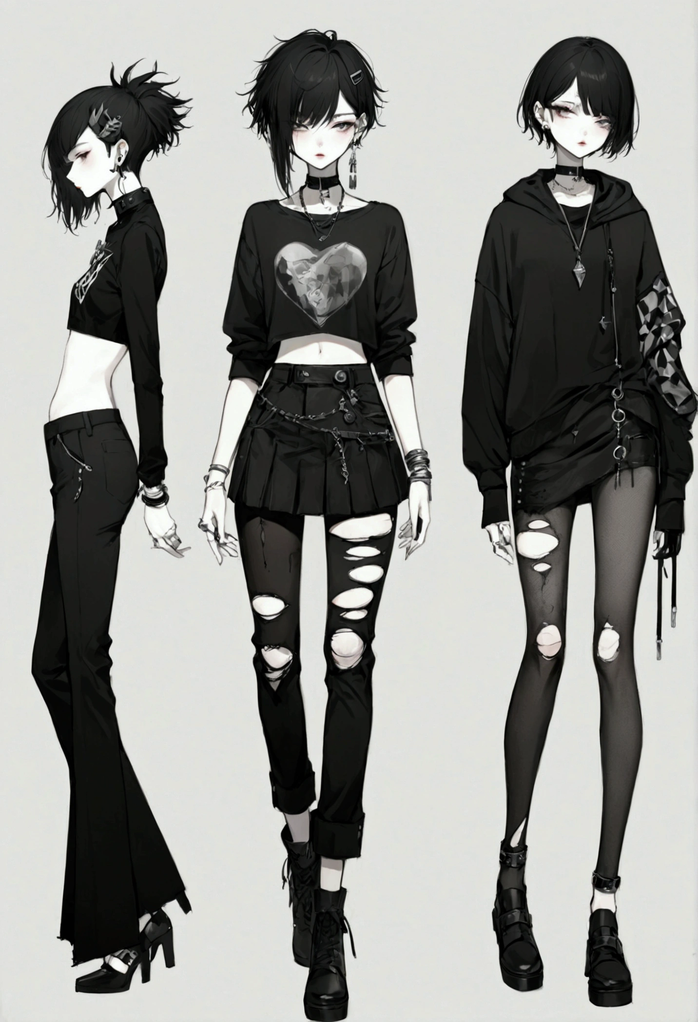 full body, Invent, Mask, The lips are soft or colored, plain black background, Minimalism, monotonous, palettes of simple, pure colors, Clean drawings, fluid silhouettes, punk, pants, torn clothes, stone, raised skirt, asymmetrical, Geometric, Fashion beach, simple and minimalist accessories, Colars and fine rings of silver or gold, simple bracelets, Various designs, simple silhouettes, Diesel Style, Punk Girl, Minimalism, High Quality Materials, Fresh & Printing Urban, high fashion, punk fashion, rottenness, black, sexy, baby face.