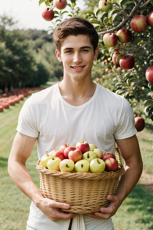 Young handsome cute white white skin soft skinny beautiful face shirtless short hair curler in an apple garden holding a basket and eating an apple