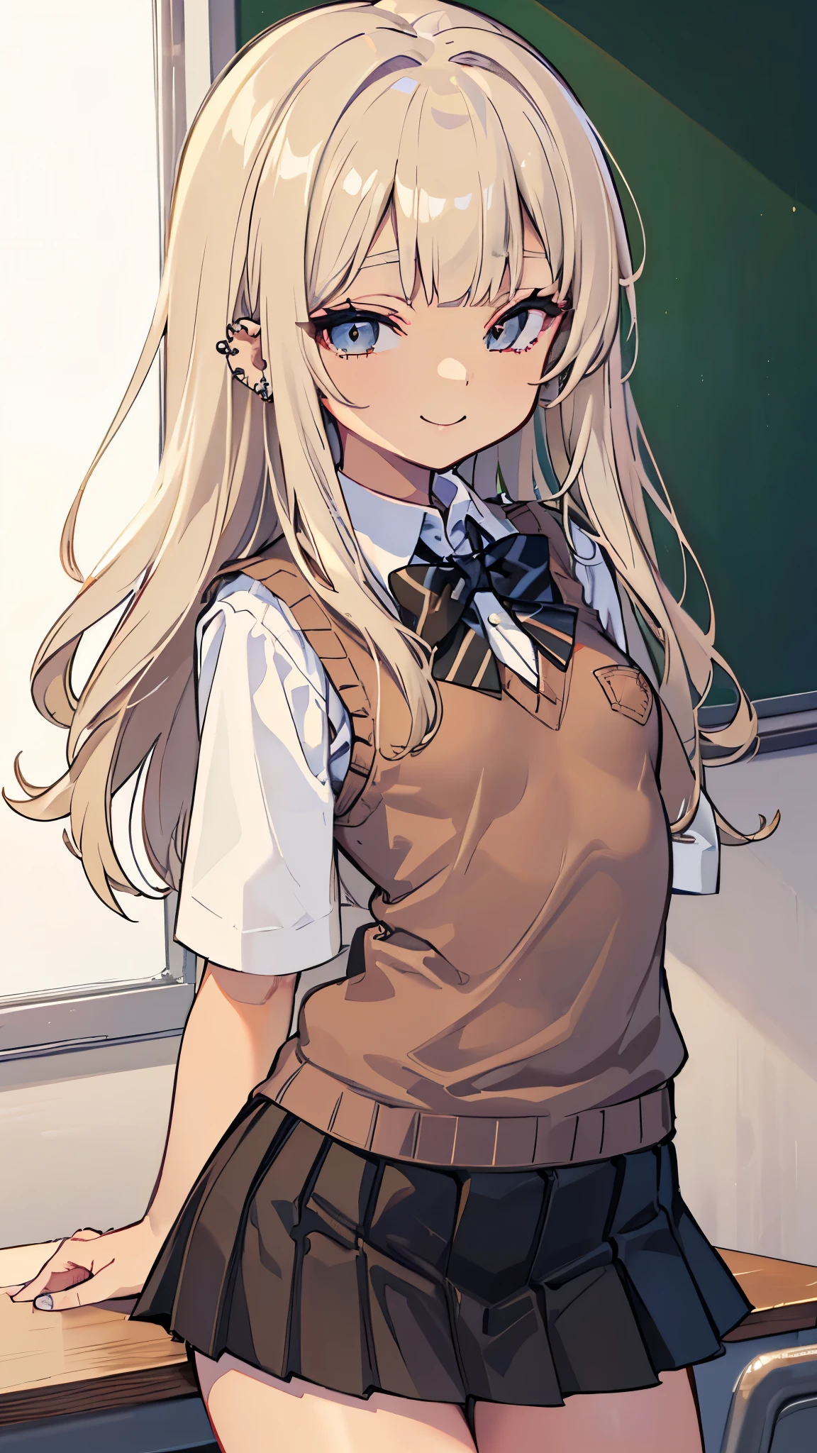 (masterpiece、Highest quality、Very detailed))、One girl、((Brown skin:1.3))、Blonde、Long Hair、blunt bangs、Wavy Hair、Grey Eyes、evil smile、((lots of piercing))、((Small breasts))、((Collared shirt))、A bow tie、((light brown sweater vest))、((Black pleated skirt))、((micro miniskirt))、Cowboy Shot、Classroom Background