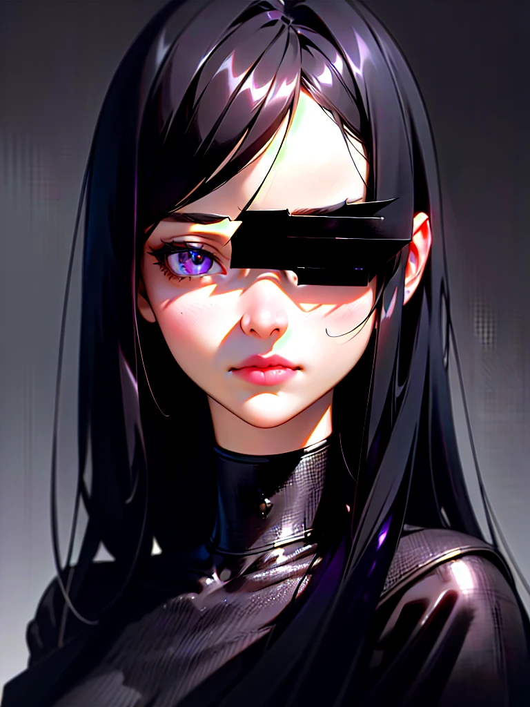 1girl, long black hair, violet eyes, serious gaze, soft charming face, black jacket, black pants, dark room setting, extremely detailed face and eyes, beautiful detailed eyes, beautiful detailed lips, extremely detailed eyes and face, longeyelashes, high quality portrait, chiaroscuro lighting, dramatic lighting, cinematic lighting, dark moody atmosphere, (best quality,4k,8k,highres,masterpiece:1.2),ultra-detailed,(realistic,photorealistic,photo-realistic:1.37)
