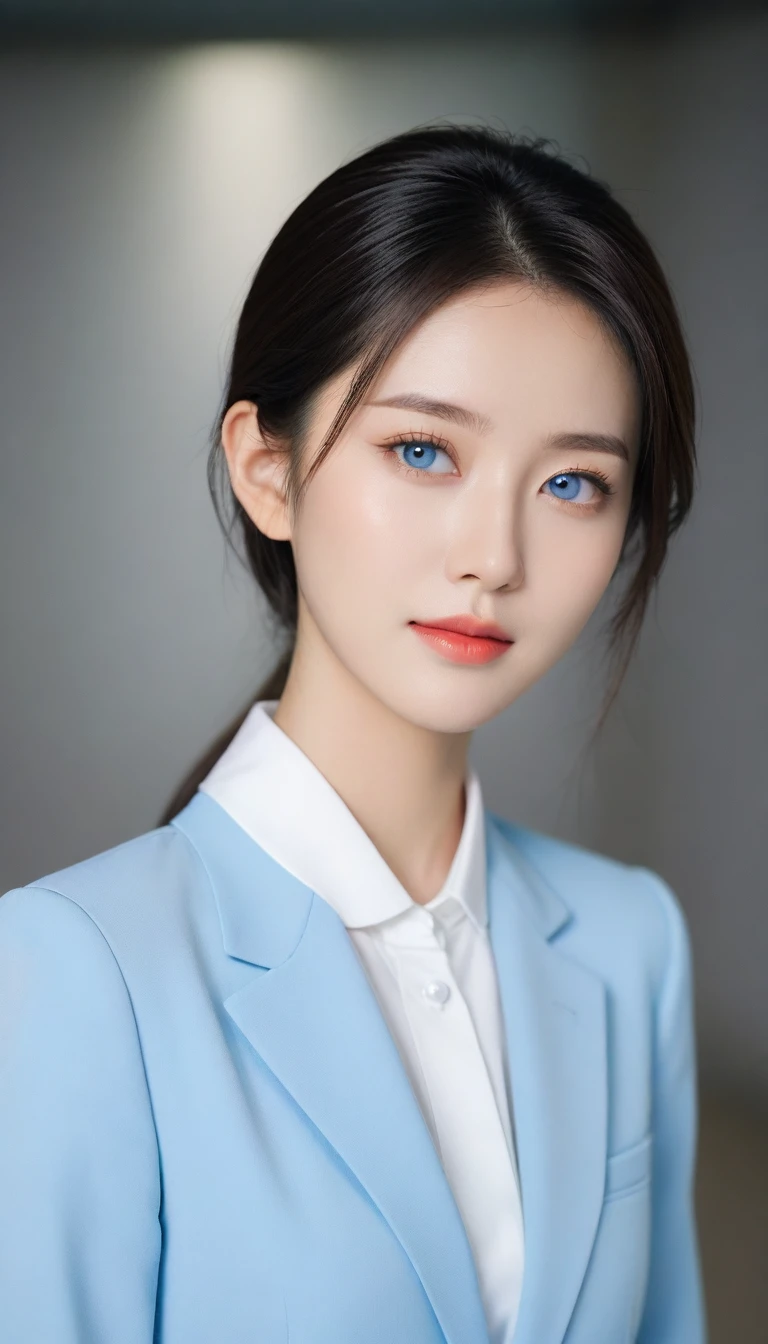 8K, Ultra-high resolution, best quality, masterpiece, 三分割法によるphoto,Surrealism, photo, 1 girl, (16 years old:1.3), pretty girl, Cute face, Beautiful eyes in every detail, (((Light blue eyes:2.1))),細かくdetailedに,masterpiece,A girl:1.2, Japanese female announcer,On the table,glare,Black Hair,Slicked-back hair,suit,White collared shirt,Clear focus、Perfect dynamic composition、Beautiful and detailed、Thinning hair、Realistic skin texture,Attention to detail、Smile、Close-up portrait、Model body type,Looking at the audience、beauty,Long Neck、(((Ideal body shape))),(),、image:2、Perfect anatomical structure、なdetailed、detailed、Surrealism、Light and Shadow,glare