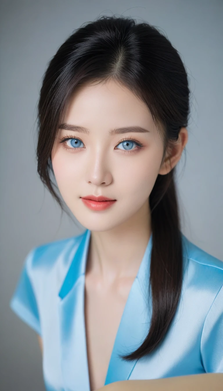 8K, Ultra-high resolution, best quality, masterpiece, 三分割法によるphoto,Surrealism, photo, 1 girl, (:1.3), pretty girl, Cute face, Beautiful eyes in every detail, (((Light blue eyes:2.1))),細かくdetailedに,masterpiece,A girl:1.2, Japanese female announcer,On the table,glare,Black Hair,Slicked-back hair,suit,White collared shirt,Clear focus、Perfect dynamic composition、Beautiful and detailed、Thinning hair、Realistic skin texture,Attention to detail、Smile、Close-up portrait、Model body type,Looking at the audience、beauty,Long Neck、(((Ideal body shape))),(),、image:2、Perfect anatomical structure、なdetailed、detailed、Surrealism、Light and Shadow,glare