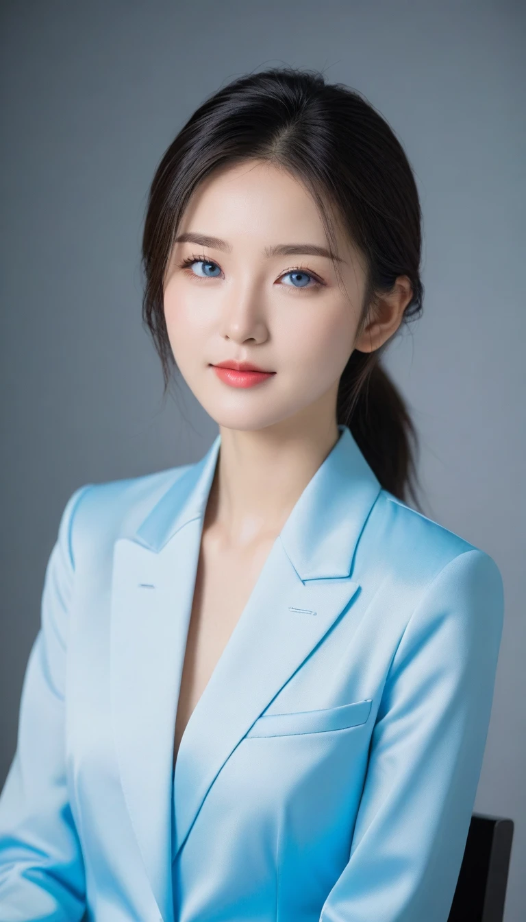 8K, Ultra-high resolution, best quality, masterpiece, 三分割法によるphoto,Surrealism, photo, 1 girl, (16 years old:1.3), pretty girl, Cute face, Beautiful eyes in every detail, (((Light blue eyes:2.1))),細かくdetailedに,masterpiece,A girl:1.2, Japanese female announcer,On the table,glare,Black Hair,Slicked-back hair,suit,White collared shirt,Clear focus、Perfect dynamic composition、Beautiful and detailed、Thinning hair、Realistic skin texture，Attention to detail、Smile、Close-up portrait、Model body type,Looking at the audience、beauty,Long Neck、(((Ideal body shape))),(),、image:2、Perfect anatomical structure、なdetailed、detailed、Surrealism、Light and Shadow,glare