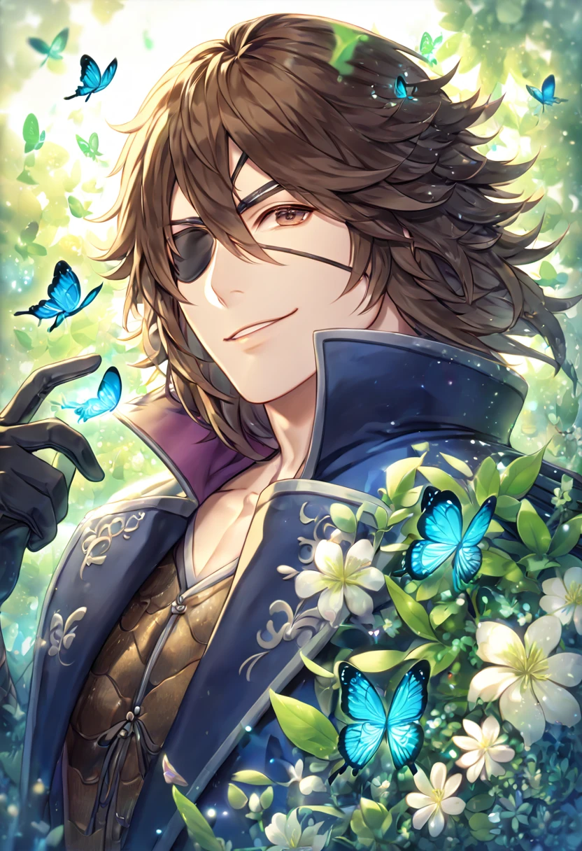 absurdres, highres, ultra detailed, HDR, master piece, best quality, extremely detailed face, delicated features, Date Masamune, medium length hair, brown hair, expressive brown eyes, black eye patch on the left eye, Sengoku Basara, solo, sexy man, handsome, smile, dark blue coat with high collar, black gloves, fantasy, magical, butterflies, summer, green leaves, flowers, water