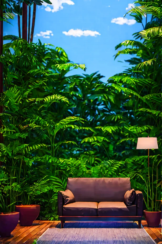 Sofa and coffee table,There are some small trees behind,Display at a booth in a shopping mall,Green Spaces,The ground is a lawn,There are some flowers and plants around,Advanced,4k quality,landscape