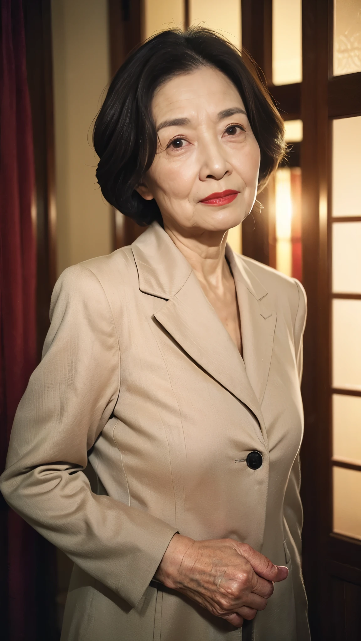 masterpiece, ((Great Focus)), 32K, Beautiful finish, Beautiful mature woman、90-year-old woman、Photo of your ID、Facial wrinkles, Red lips, Thin lips, suit、round 1, Light from the front,