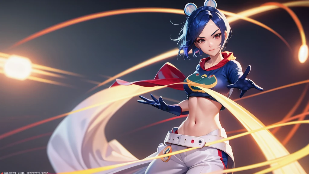 (at night), alone, in a video game scene a background of a beautiful city during the day raining, standing at attention, semi-short blue hair, blouse with an anime frog face, white flared pants, wears blue exercise gloves, has round goggles on her head, WEARS a RED scarf around her neck, huge belt with a round shawl, ((blue hair)), 1 girl, alone, 20 years old, young woman, perfect hands, beautiful fingers, beautiful long legs, beautiful body , beautiful nose, beautiful character design, perfect face, looking at the viewer with serious gesture (focusing on his face), closed mouth, Light_Smile, official art, extremely detailed CG unity 8k wallpaper, perfect lighting, bright and colorful front lighting , shiny skin (masterpiece: 1.0), (best_quality: 1.0), ultra-high resolution, 4K, ultra-detailed photography, 8K, HDR, high resolution, nonsense:1.2, Kodak portra 400, film grain, blurred background, bokeh: 1.2, lens flare, (vibrant_color:1.2), professional photography, (beautiful_face: 1.5), (narrow waist),