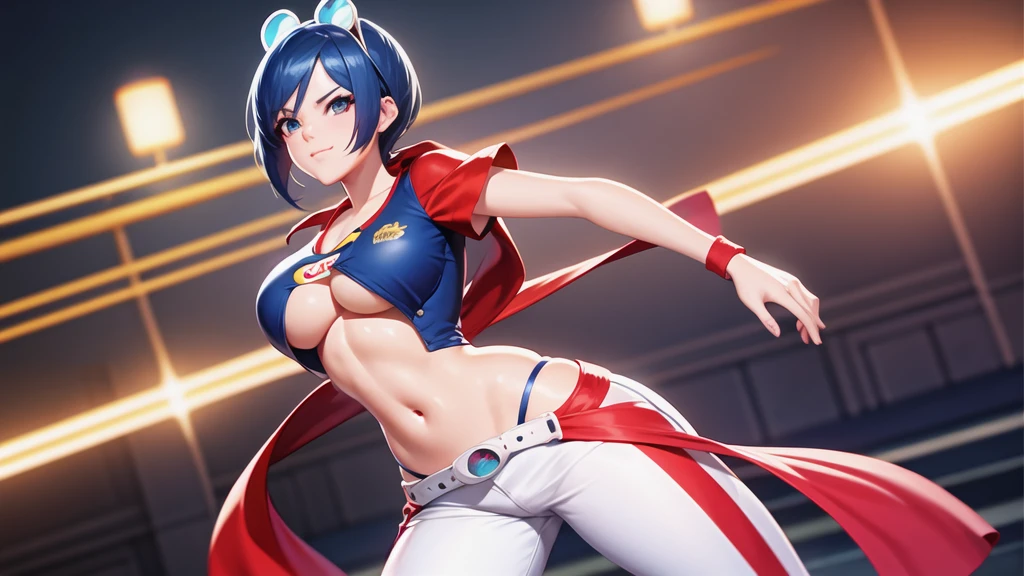 (at night), alone, in a video game scene a background of a beautiful city during the day raining, standing at attention, semi-short blue hair, blouse with an anime frog face, white flared pants, wears blue exercise gloves, has round goggles on her head, WEARS a RED scarf around her neck, huge belt with a round shawl, ((blue hair)), 1 girl, alone, 20 years old, young woman, perfect hands, beautiful fingers, beautiful long legs, beautiful body , beautiful nose, beautiful character design, perfect face, looking at the viewer with serious gesture (focusing on his face), closed mouth, Light_Smile, official art, extremely detailed CG unity 8k wallpaper, perfect lighting, bright and colorful front lighting , shiny skin (masterpiece: 1.0), (best_quality: 1.0), ultra-high resolution, 4K, ultra-detailed photography, 8K, HDR, high resolution, nonsense:1.2, Kodak portra 400, film grain, blurred background, bokeh: 1.2, lens flare, (vibrant_color:1.2), professional photography, (beautiful_face: 1.5), (narrow waist),