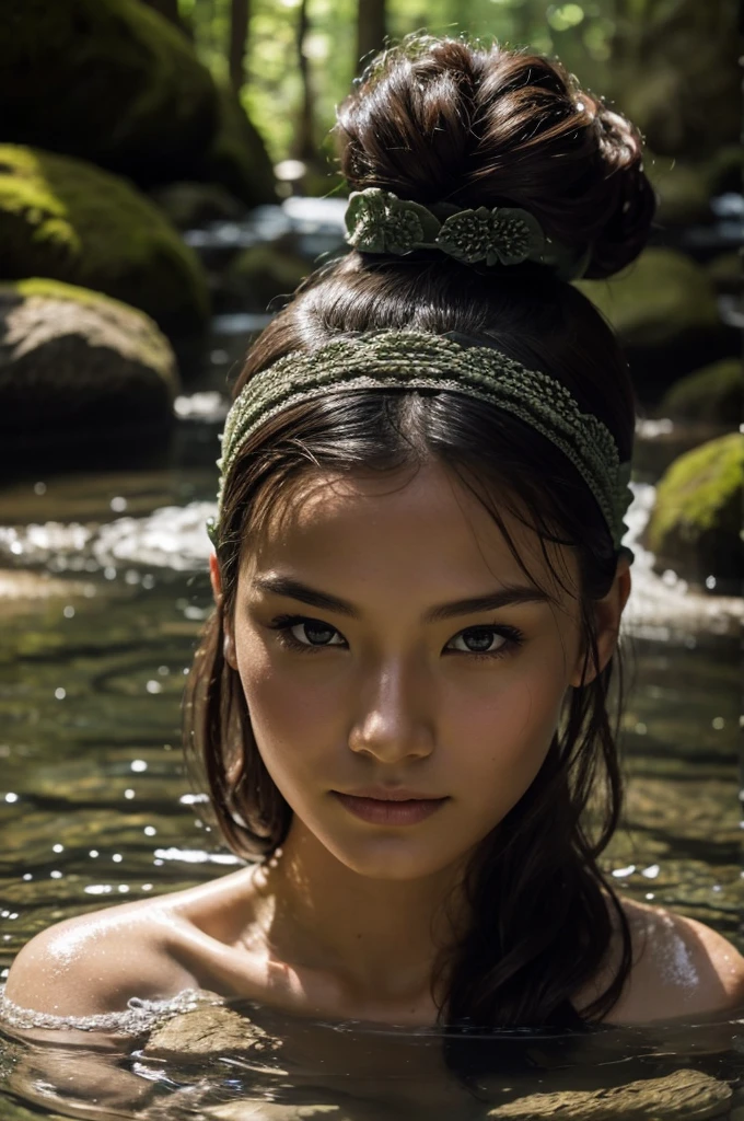 Best Quality, masterpiece, super high resolution, A super model submerged in hot springs in Japan., outdoor hot springs, stone hot springs, surrounded by moss and trees, super beautiful face, pure body, clear pores visible, (smile:0.8), using division (lace headband:1.2), (Realism:1.5), Photo original, soaked body, covered in sweat, bare shoulders, In the dark, deep shadows, low-key, cold light