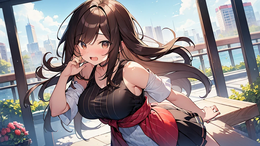 (Masterpiece, Top quality: 1.5), (1 girl, solo), large breasts, standard weight, (brown hair:1.3), (airy hair, wavy hair), long hair ,asymmetry bangs, swept bangs, 15 year old, happy:1.1, (flustered:1.3), casual fashion with many gorgeous and colorful decorations, Various Situations:1.2, (dynamic angle:1.3), (Various pose:1.3), magnificent panorama view, open mouth, summer:1.2, __items__ __items__ __items__,
