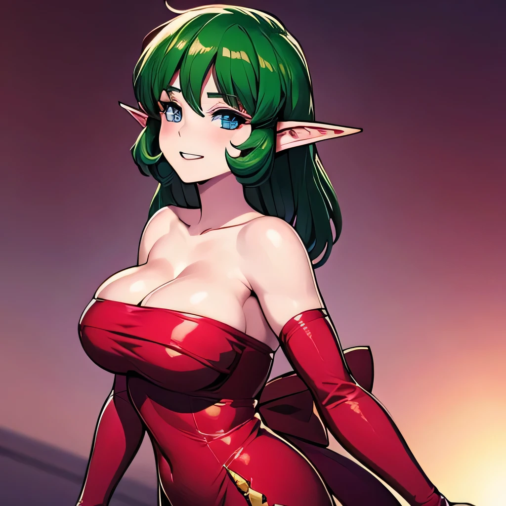  ((masterpiece,best quality,ultra-delicate,Perfect Face,16k,high resolution,very beautiful girl)),green hair,Red strapless bodycon tube dress ,Red long arm sleeves,red huge bow with back of dress:1.5,Elf Girl,large Breasts,blue eyes,fine smile,20 years old,cowboy shot,seductive pose