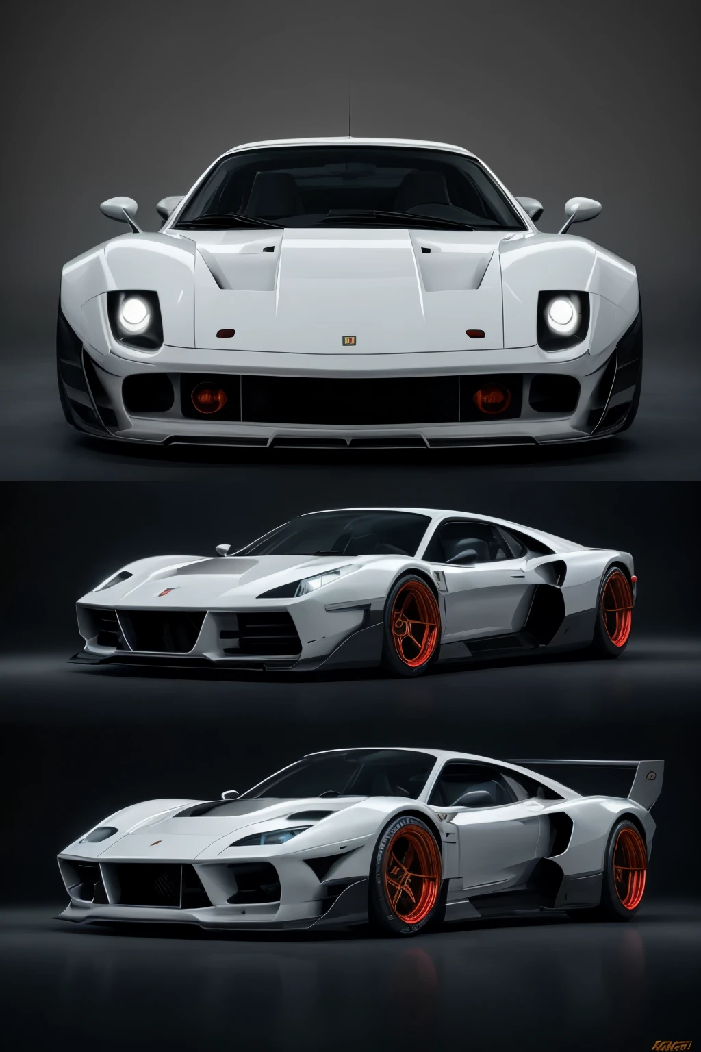 1. Draw a fusion of White Ferrari F-40 and shark robotic design in 3 frames:
- Frame 1: Front view, The White Ferrari F-40's iconic, sleek silhouette is seamlessly merged with a mechanical shark's menacing snout. The headlights of the F-40 are replaced by glowing red shark eyes, emitting an ominous aura. The front bumper features a series of sharp, metallic shark teeth, giving the car an intimidating presence.
- Frame 2: Side view, The fusion continues with the F-40's side panels transformed into shark