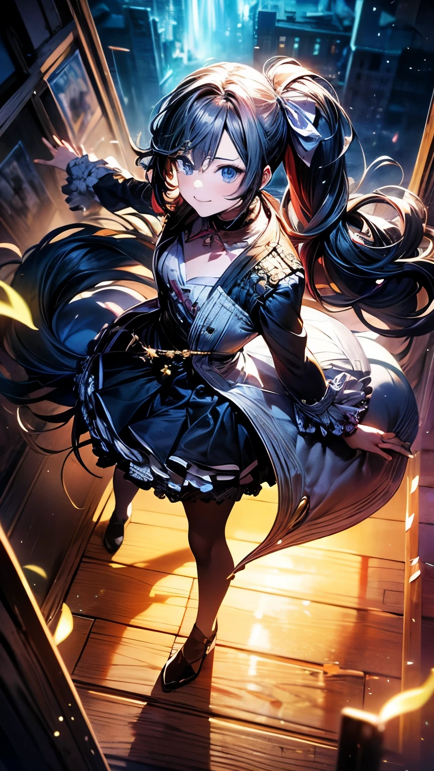 8k resolution, masterpiece, Highest quality, Award-winning works, unrealistic, From above, erotic, Only sexy women, healthy shaped body, 22 years old, Black Mage, height: 165cm, big, Hard, Swaying bust,, Lime blue long hair, Twin ponytail, Detailed facial depiction, break, Mysterious blue eyes, Standard nose, eyeliner, Pink Lips, Sexy long legs, Transparent muscles, holy knight, Gothic ruffle long dress, A dress with a complex structure, 7 Colorful Dresses, Clothed in flames, royal coat of arms, elegant, Very detailed, Delicate depiction of hair, Miniature Painting, Digital Painting, artステーションコンセプトart, Smooth, Sharp focus, shape, artジャム、Greg Rutkowski、Alphonse Mucha、William Adolphe Bouguereau、art：Stephanie Law , Royal Jewel, nature, Symmetric, Greg Rutkowski, Charlie Bowwater, unrealistic, Surreal, Dynamic Lighting, ファンタジーart, Complex colors, Colorful magic circle, flash, Dynamic sexy pose, A kind smile, Mysterious Background, aura, A gentle gaze, break, Small faint lights and flying fireflies, night, lanthanum, 山の頂From above下界を見下ろす, Starry Sky, milky way, nebula, shooting star, A sacred staff that emits a brilliant light, Rear view, To the camera