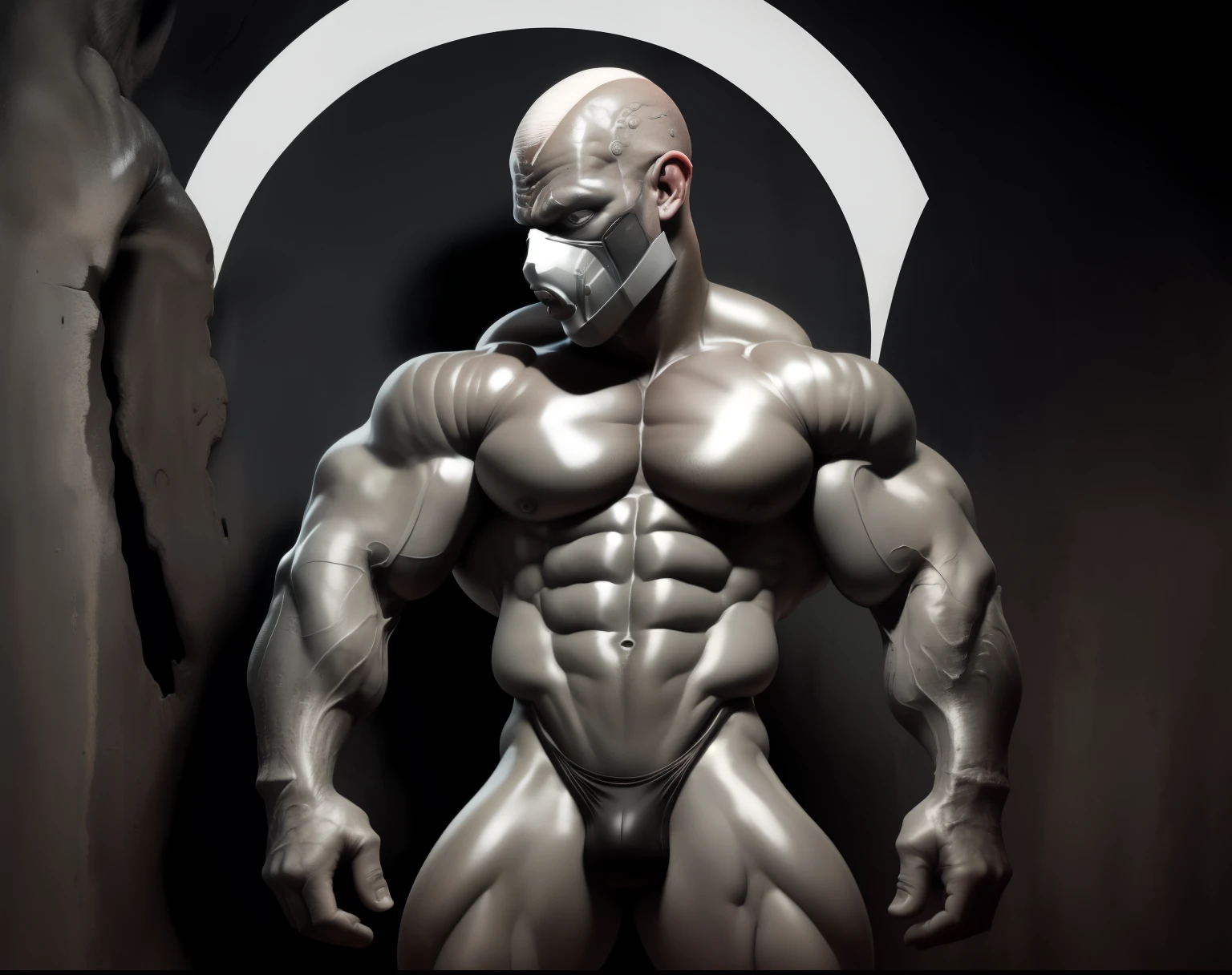 Hr Giger art style, front, skin color white, wears mouth mechanic mask, android, bald, , wears black thong,Sci-fi , ugly , a muscular alien, , huge pecs, huge muscles,