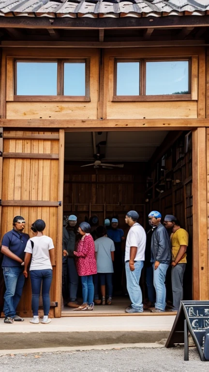 Facade of a humble artisan carpentry workshop, crowd of people standing in front of the carpentry shop observing the objects inside