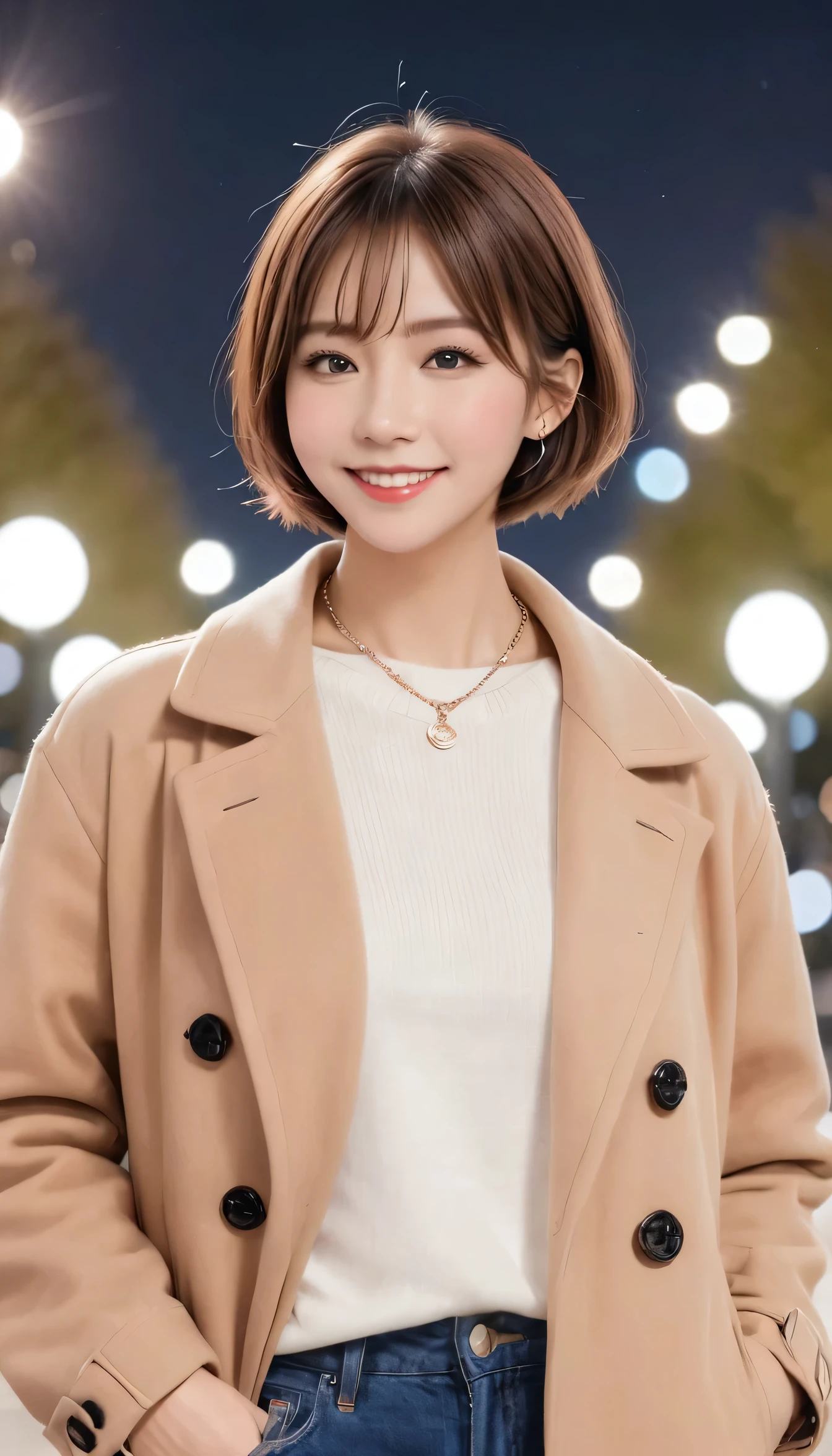 high quality,16K:1.1),(Depth of written boundary:1.3) ,Full body photo、Standing woman、smile、Short Haircut、Wearing a coat、shirt、Skinny jeans、sneakers、Ear piercing、Necklace around the neck、View your viewers:1.3),(Full Body Shot:1.2),Background is a park at night