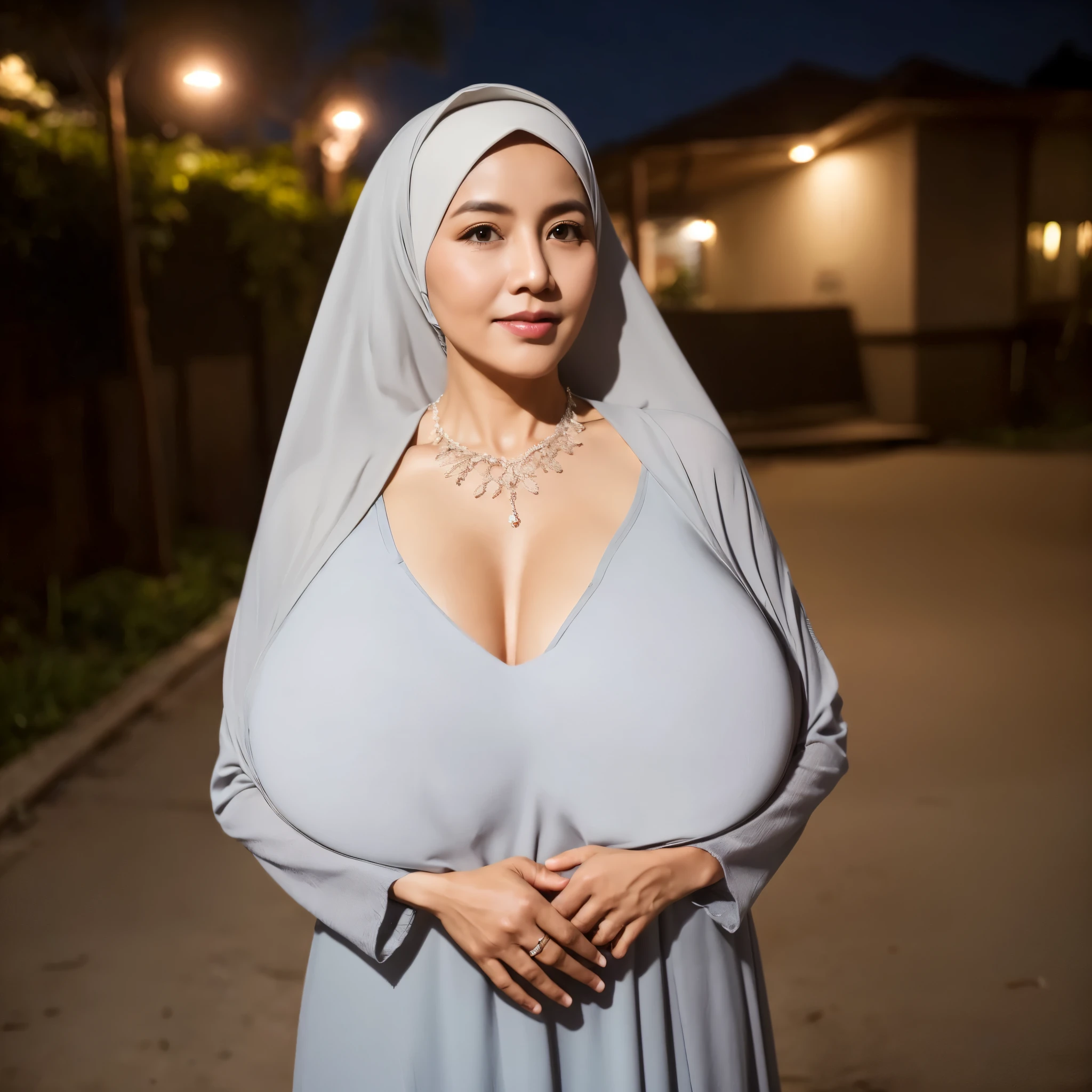 50 years Old, Hijab Indonesian woman, Big Ti9, Gamis, Breast out froclothes : 1.9, at doctor office, Dark light, at Nighttime
